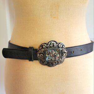 Leatherock Black Leather Belt With An Abalone Belt Buckle‎ Size M Bling Rocker
